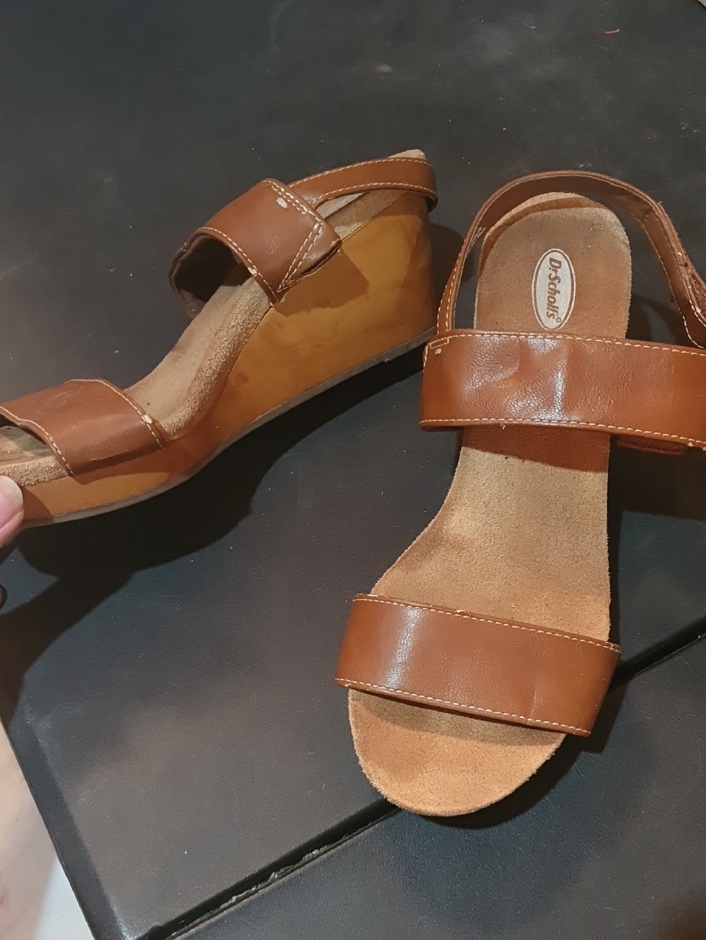 💜 Dr. Scholl's Tan Brown Leather Wedge Sandals - Double Strap Comfort